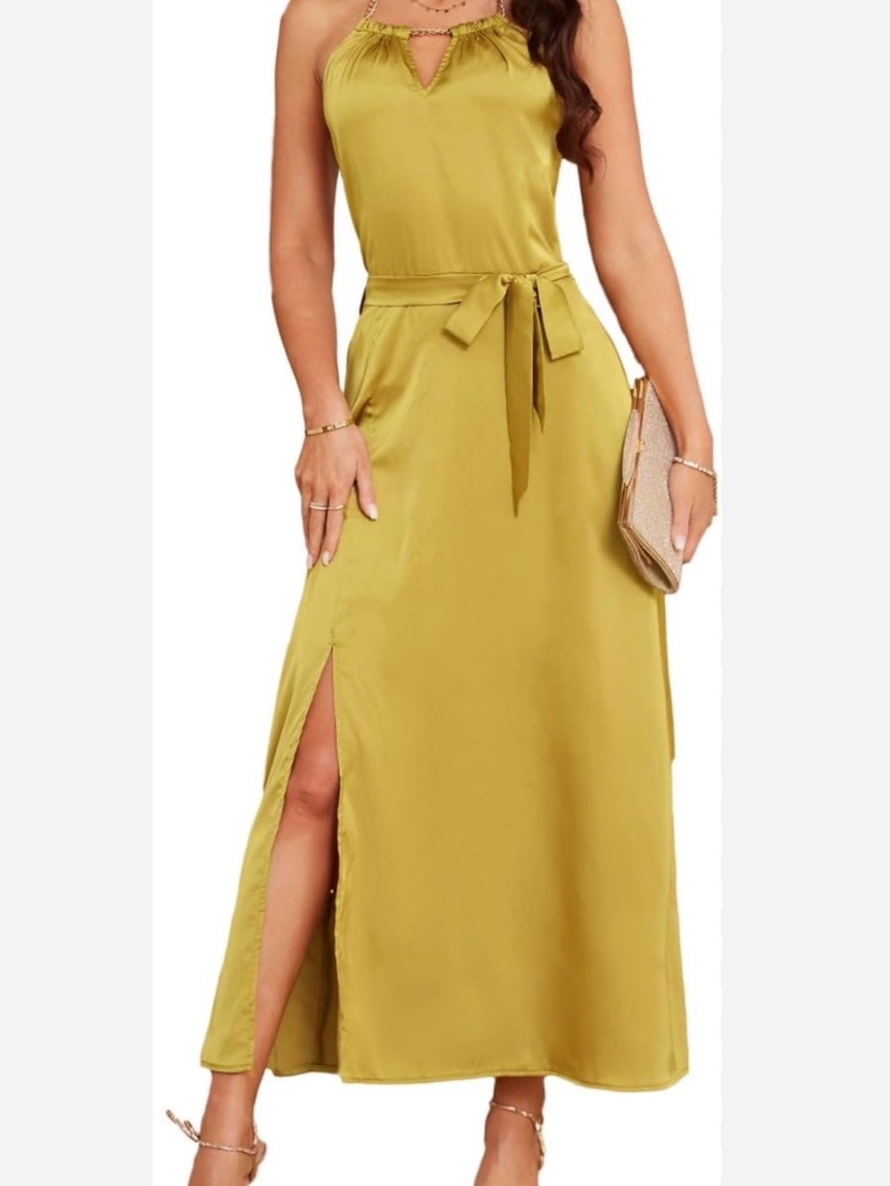 Grace Karin Olive Satin Maxi Dress with Waist Tie and Side Slit